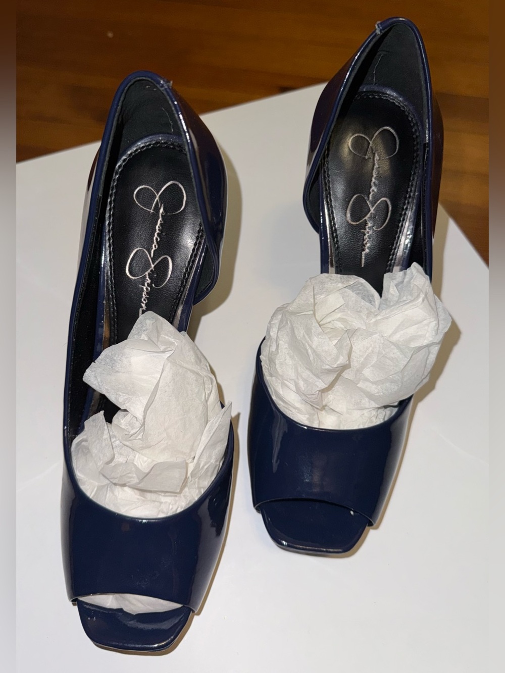 Jessica Simpson Navy Patent Open-Toe Pumps - Picture 10 of 12